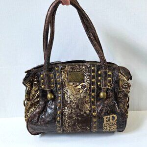 Ed Hardy Christian Audigier Purse Brown Metallic Tattoo Distressed Studded Hobo